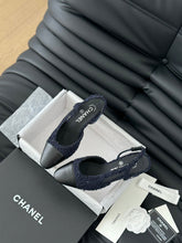 HIGH SLINGBACK IN NAVY BLUE TWEED AND BLACK LAMBSKIN